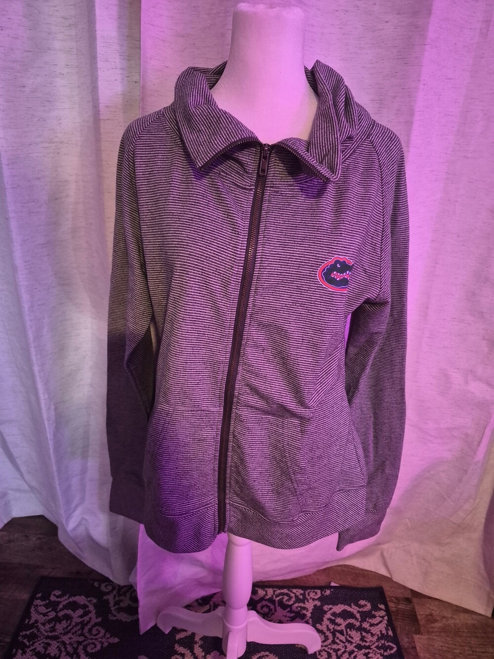 Florida Gators Full Zip Jacket Gray White Micro-Stripe Logo Patch